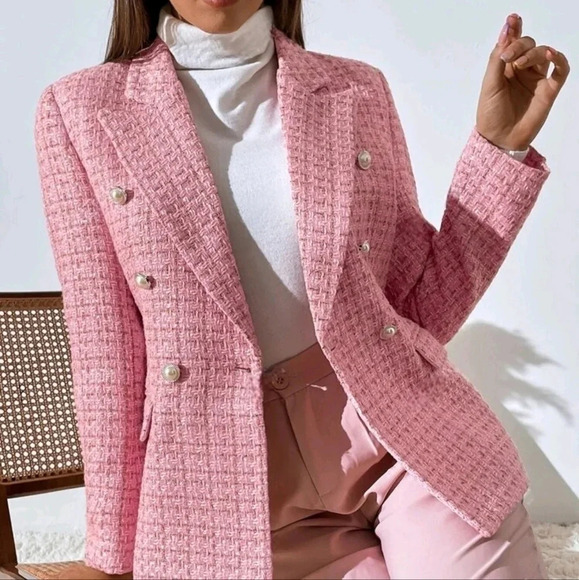 Plaid Print Double Breasted Blazer Workwear - Picture 1 of 5